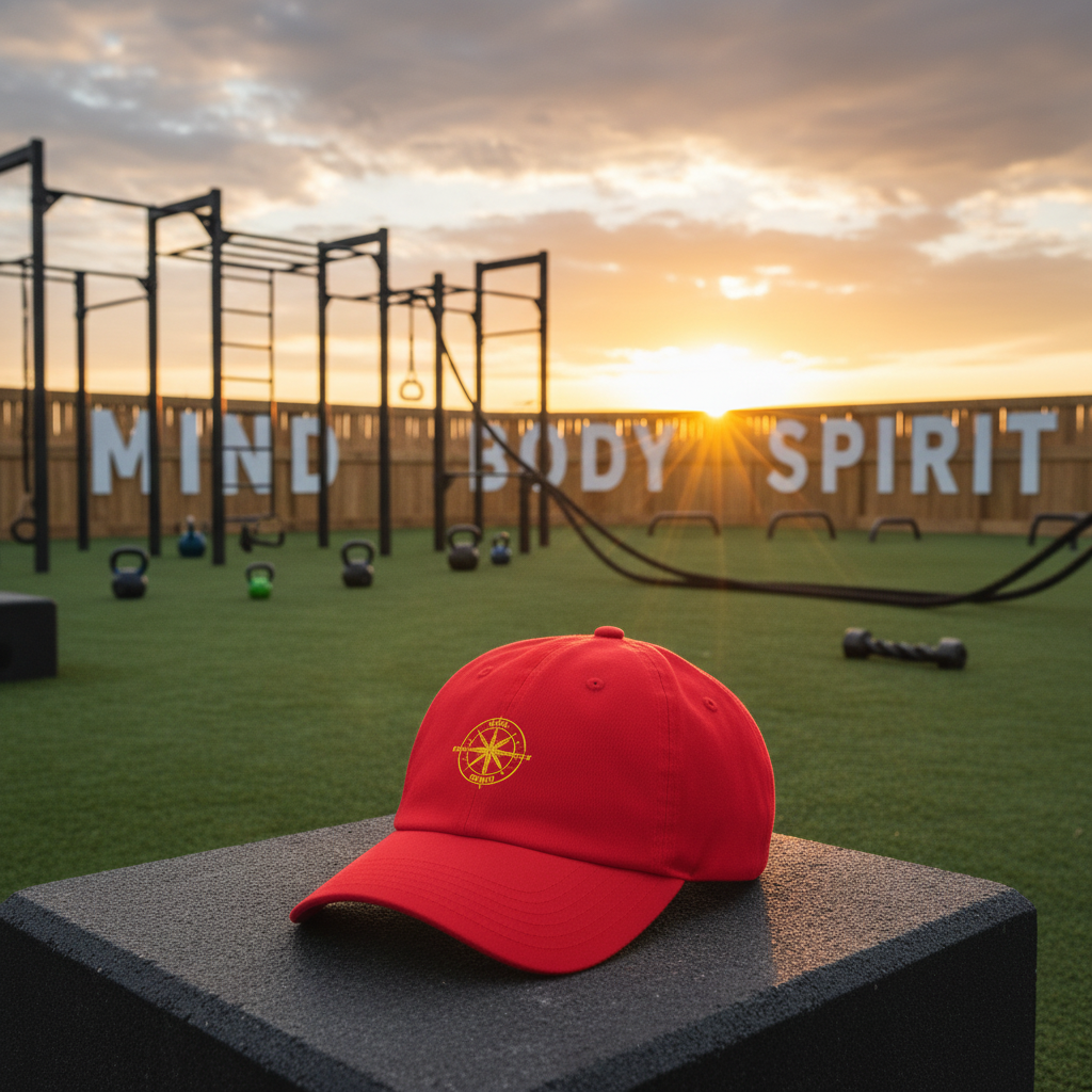Compass Hat Red with outdoor fitness background